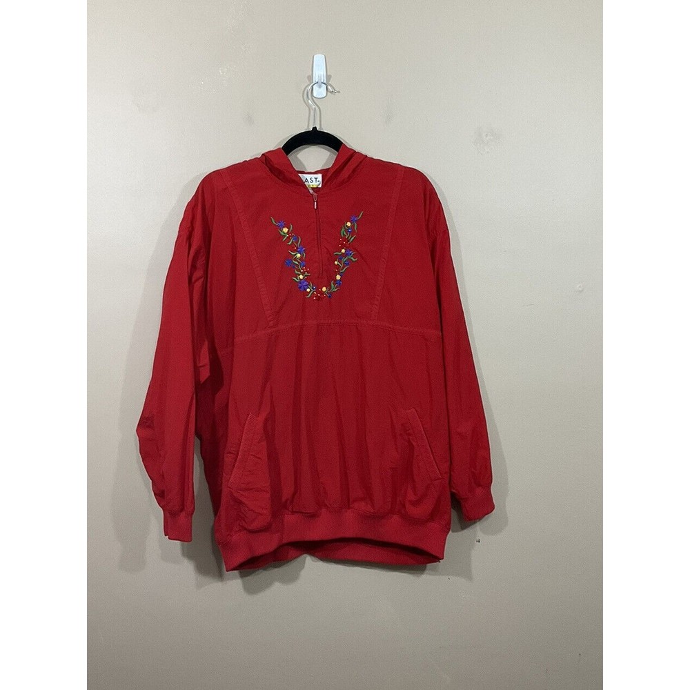 VTG Womens Floral Windbreaker Jacket 1X Red Embroidered 90s Cottagecore Pockets